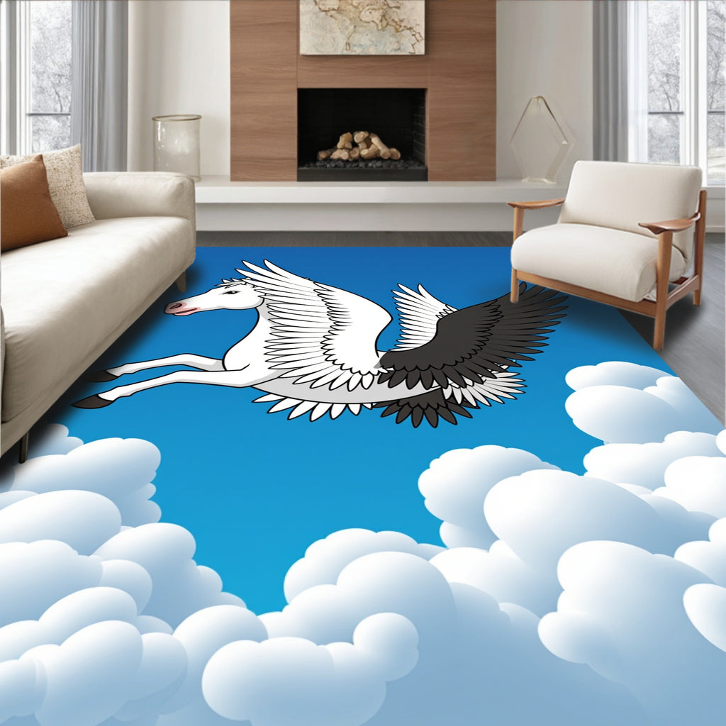 White Pegasus with Black Winged Clouds Rug