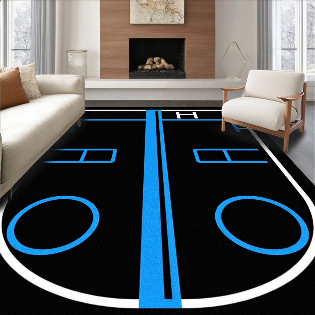 Bold Black Blue Geometric Hockey Rink Rug