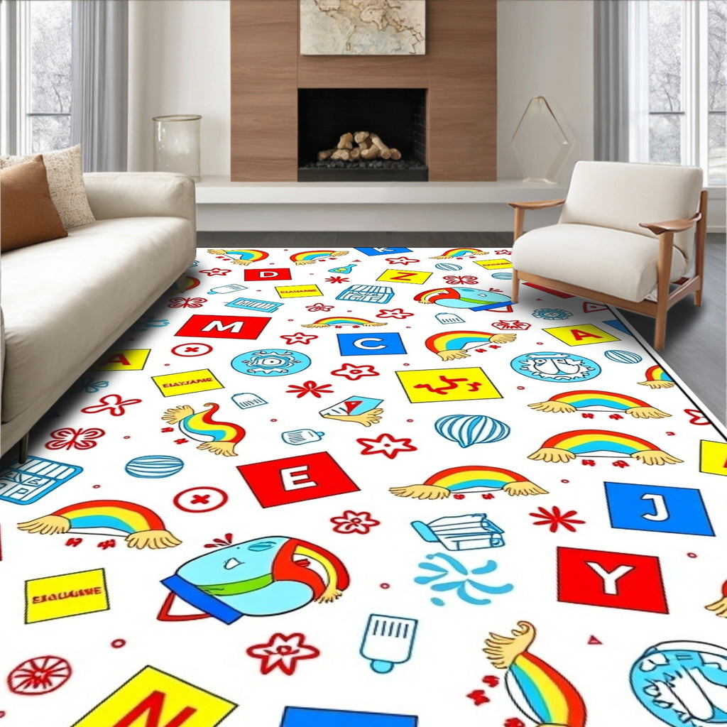 Whimsical Rainbow Alphabet Blocks Fun Rug
