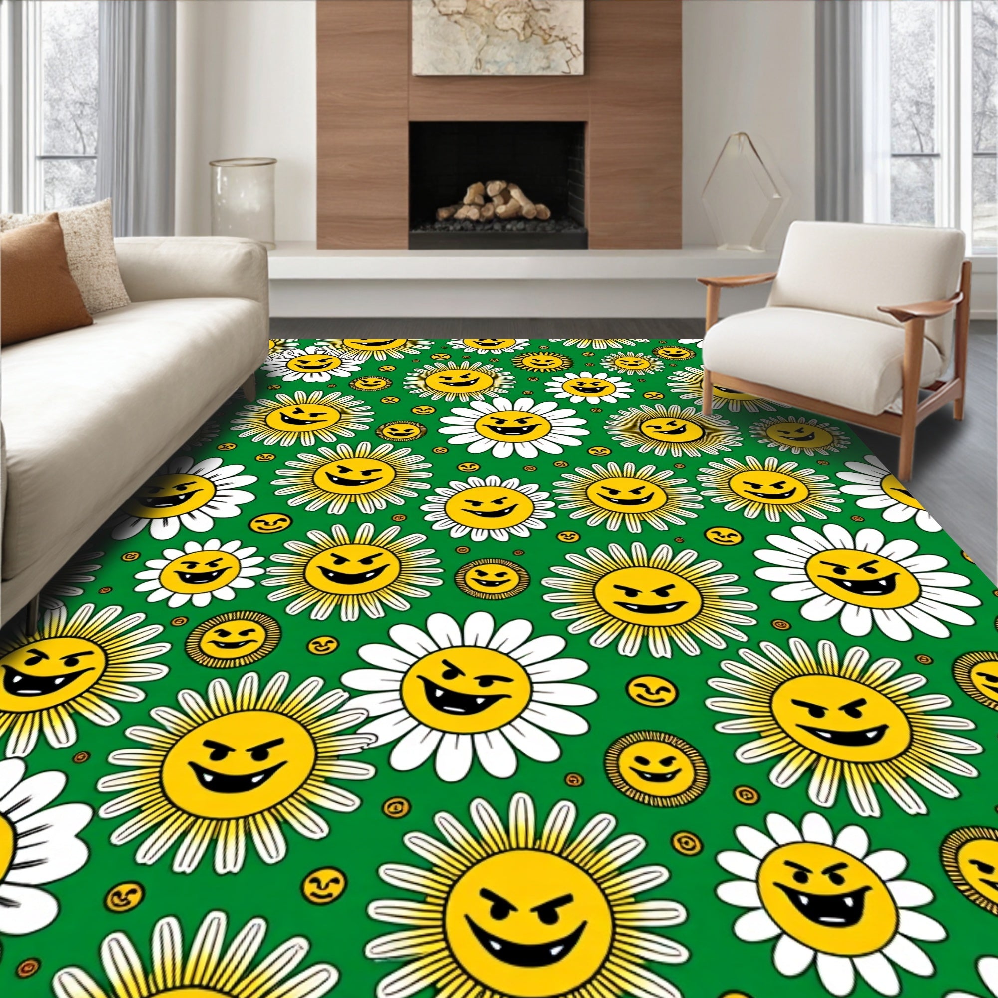 Whimsical Yellow Grinning Sun Flowers Rug