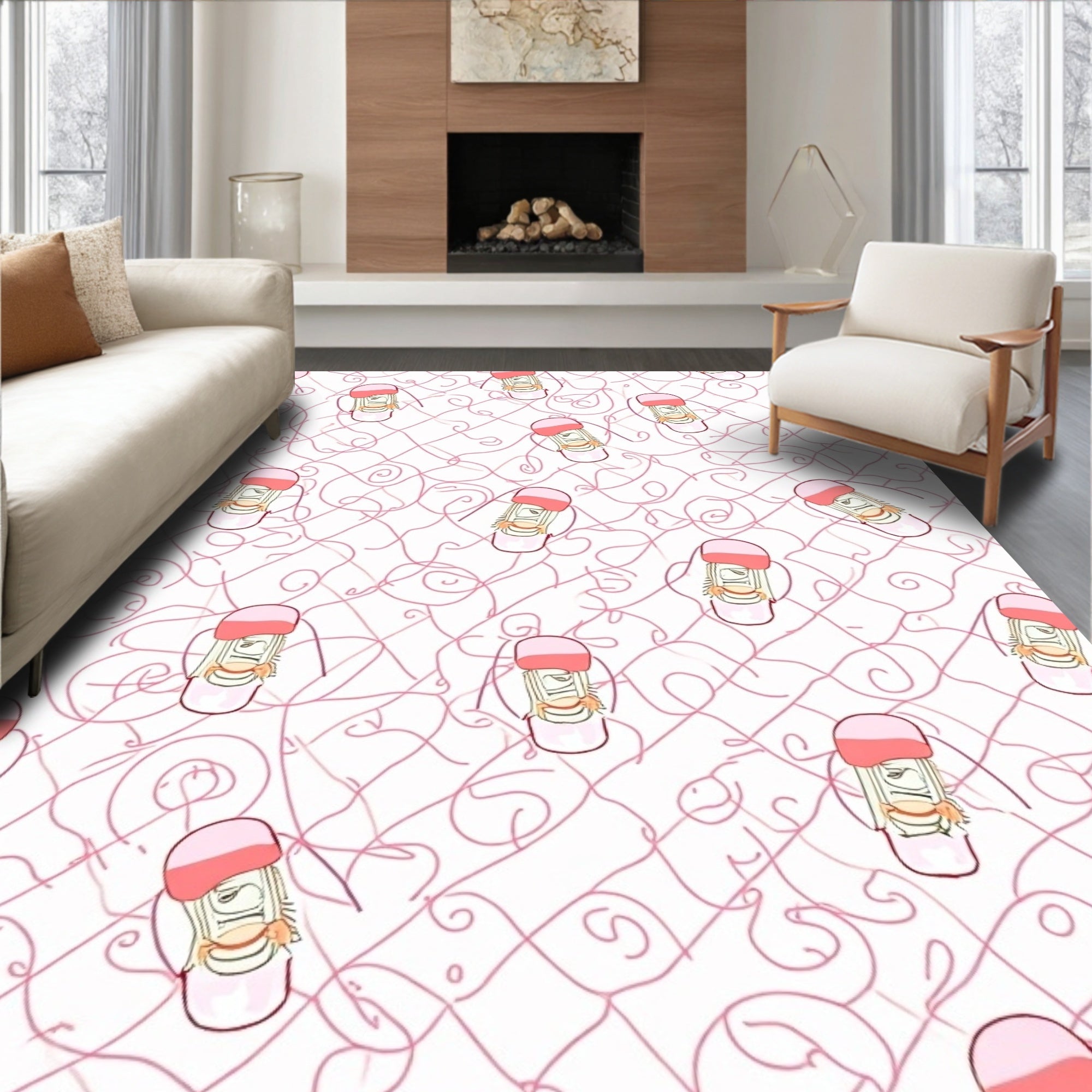 Pink Doodle Face Swirls Rug
