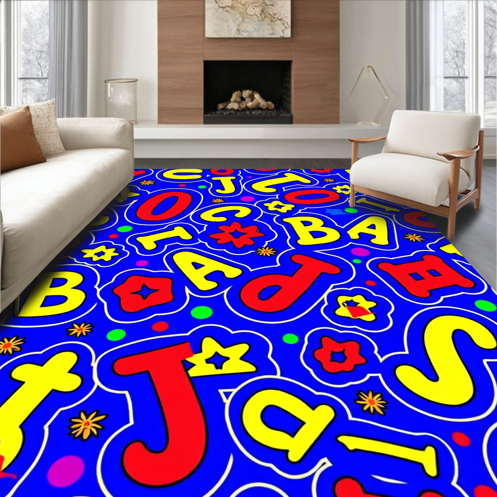 Playful Alphabet Red Yellow Blue Collage Rug