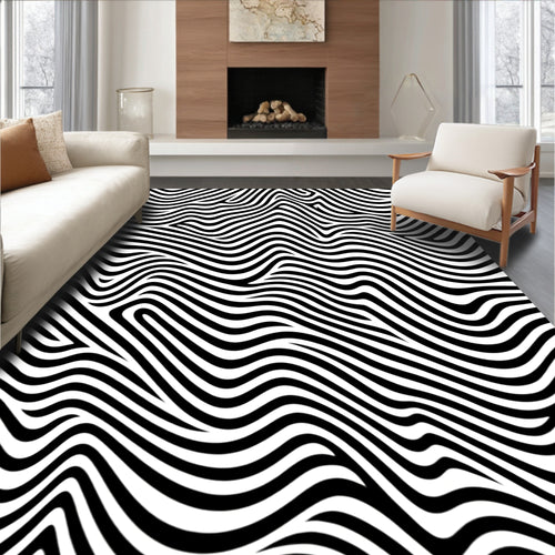 Abstract Black White Wavy Stripe Rug