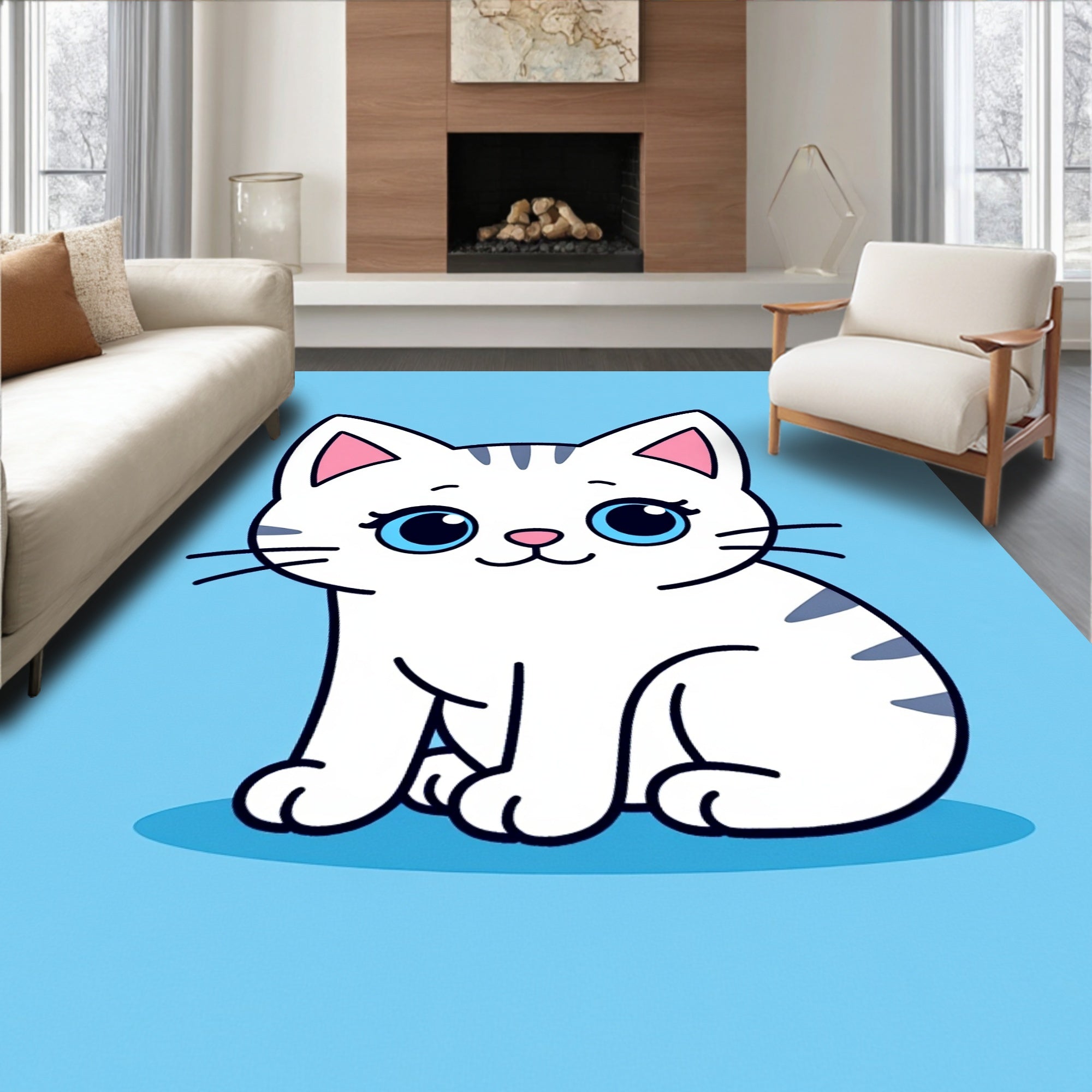Cute White Kitten Blue Eyes Striped Rug