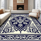 Deep Blue Cream Medallion Border Rug