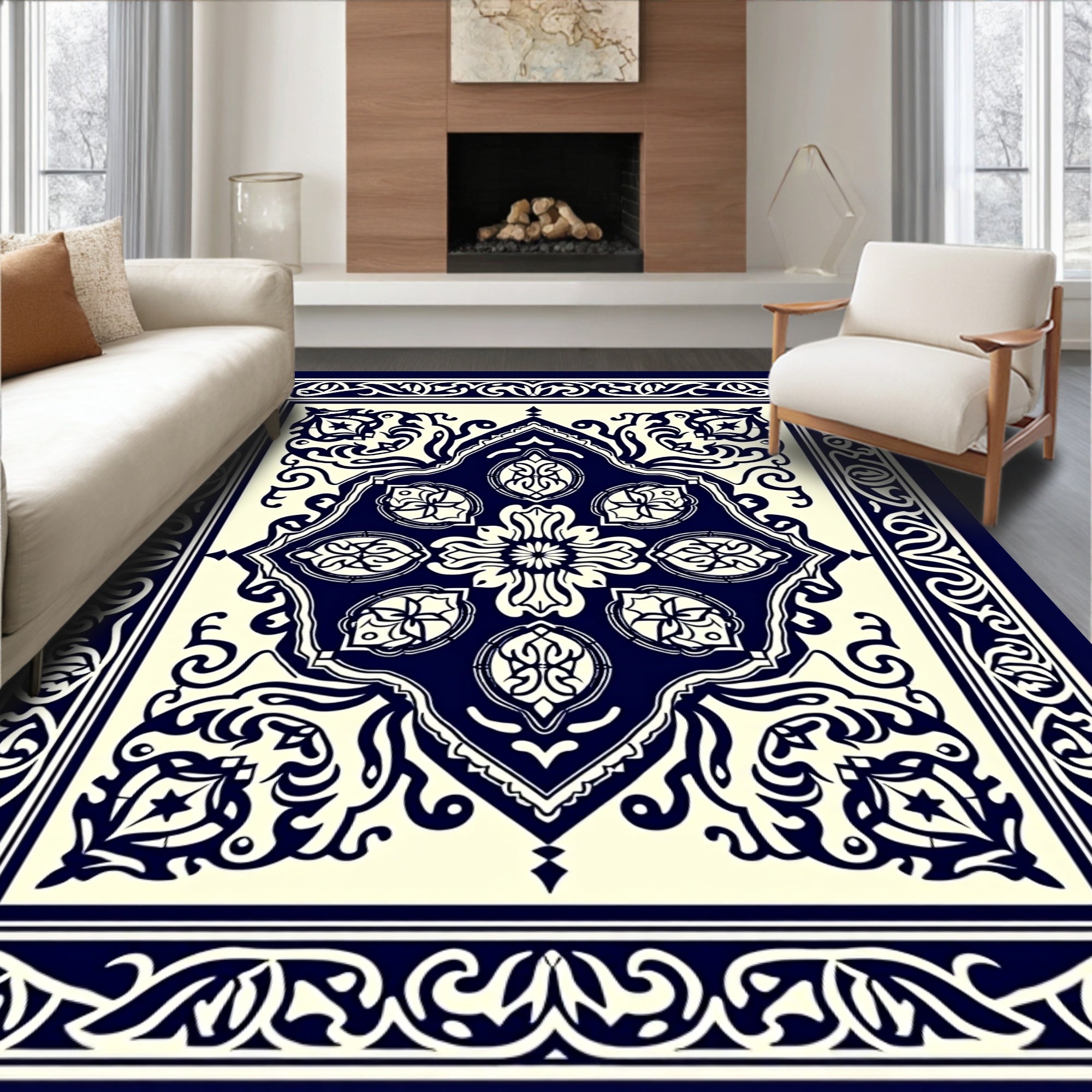 Deep Blue Cream Medallion Border Rug