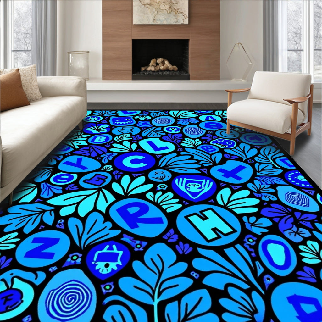 Playful Blue Alphabet Floral Collage Rug