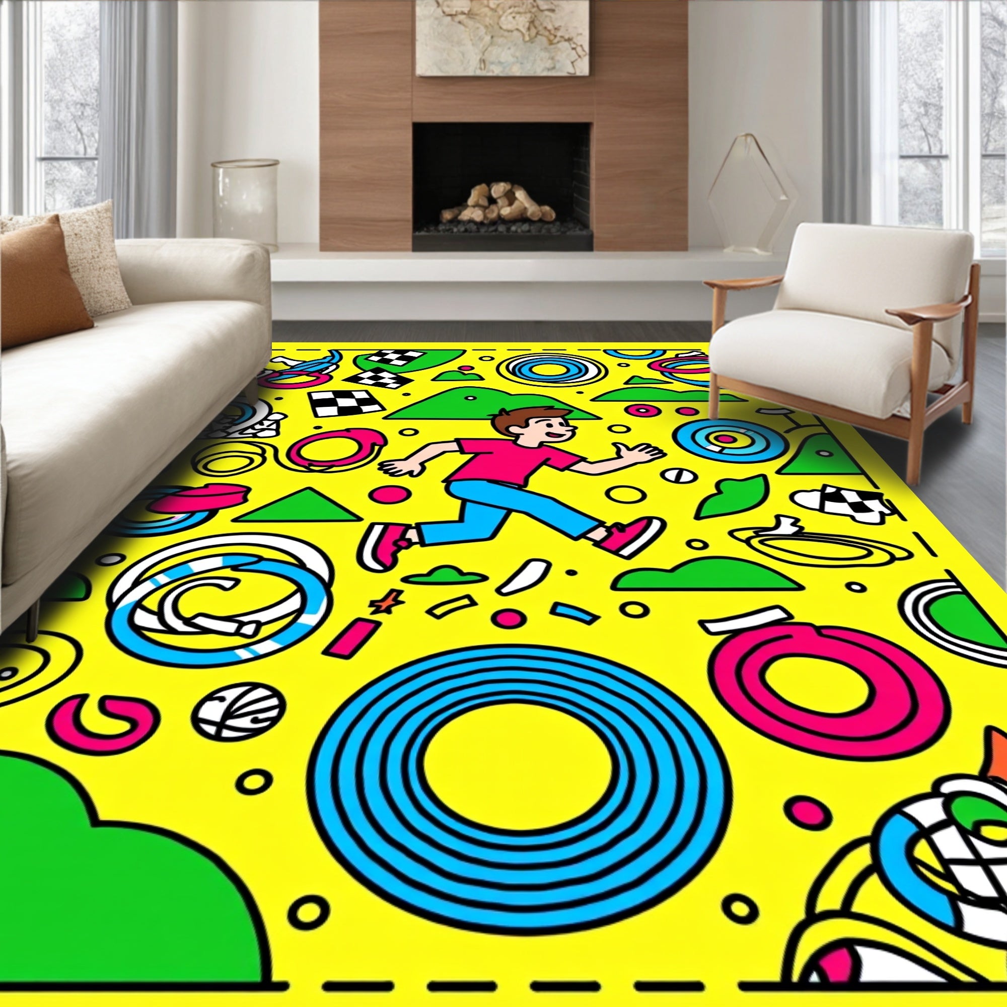 Yellow Cartoon Figure Ring Race Rug
