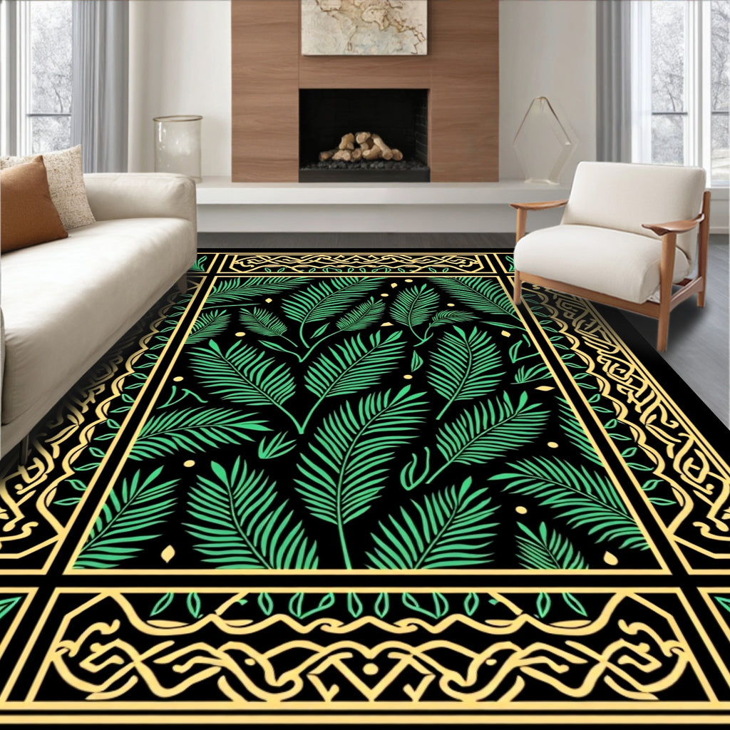 Green Palm Frond Black Garden Border Rug