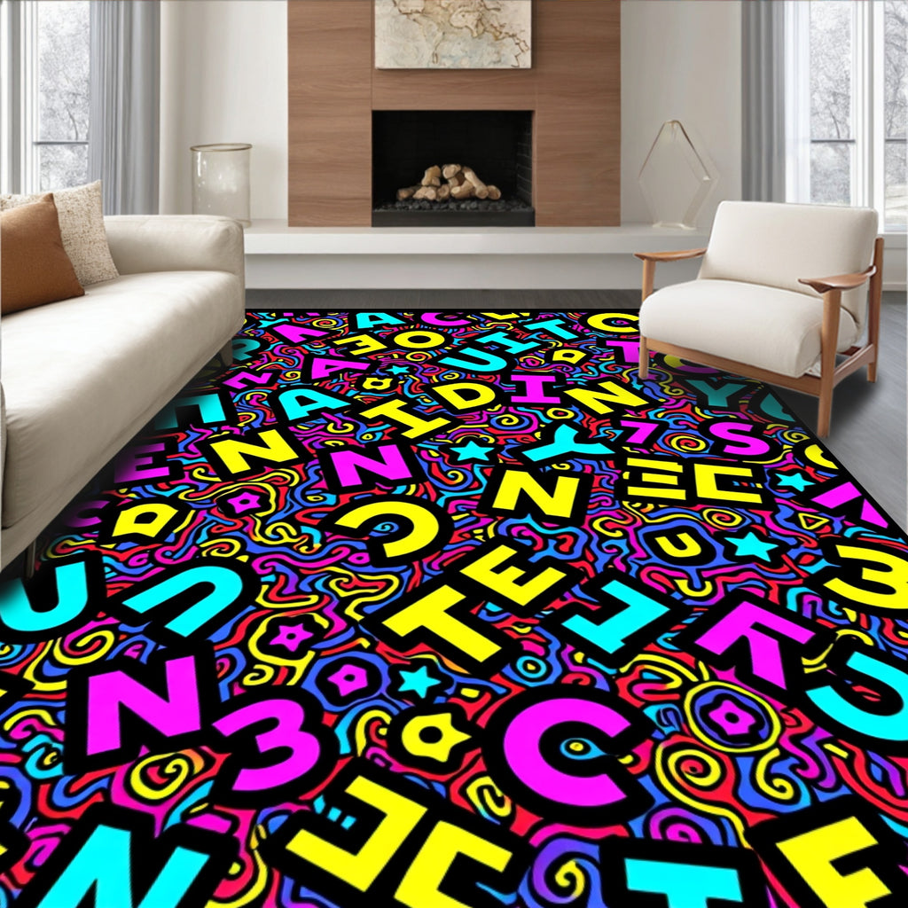 Vibrant Alphabet Chaos Swirl Rug