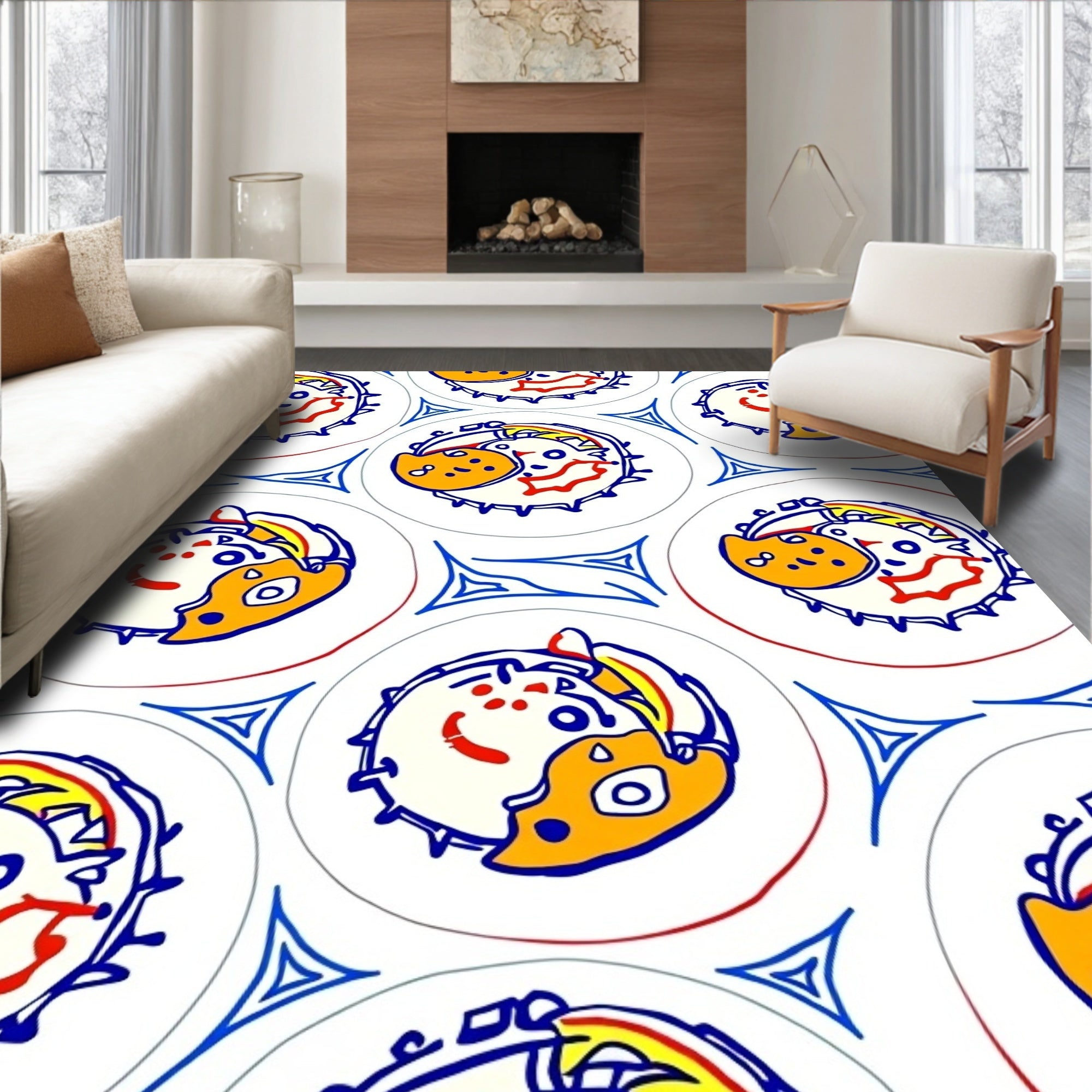 Whimsical Yellow Dog Face Circles Rug