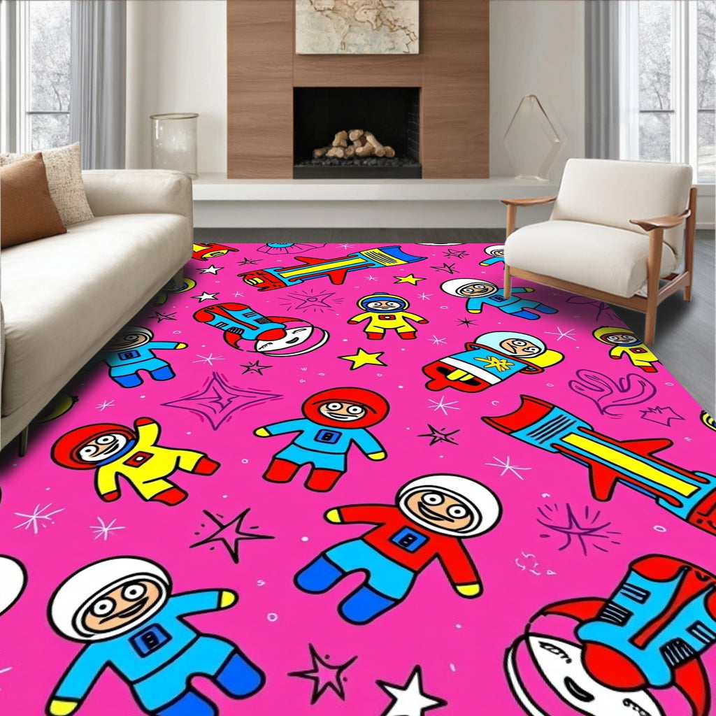 Pink Rocket Astronaut Kids Galaxy Rug