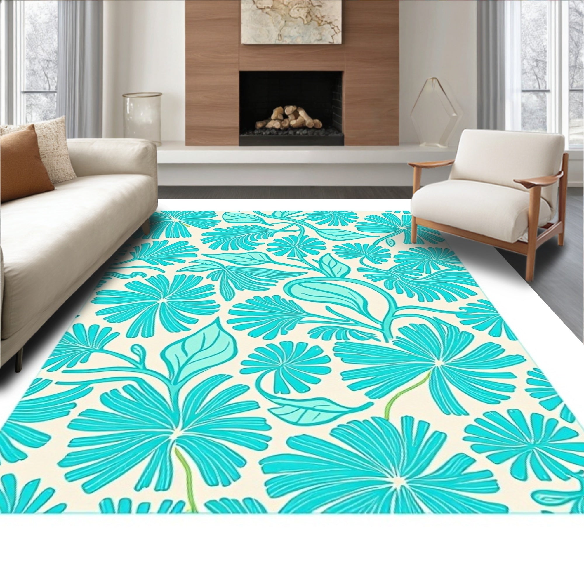 Vibrant Aqua Floral Vines Rug