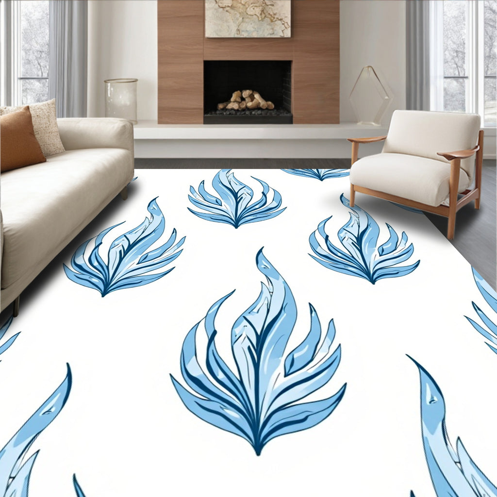 Arctic Ice Blue Flame Leaf Swirls Rug
