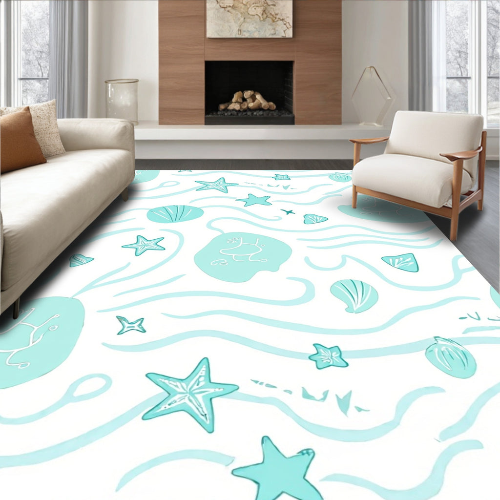 Aqua Coastal Seashell Starfish Waves Rug
