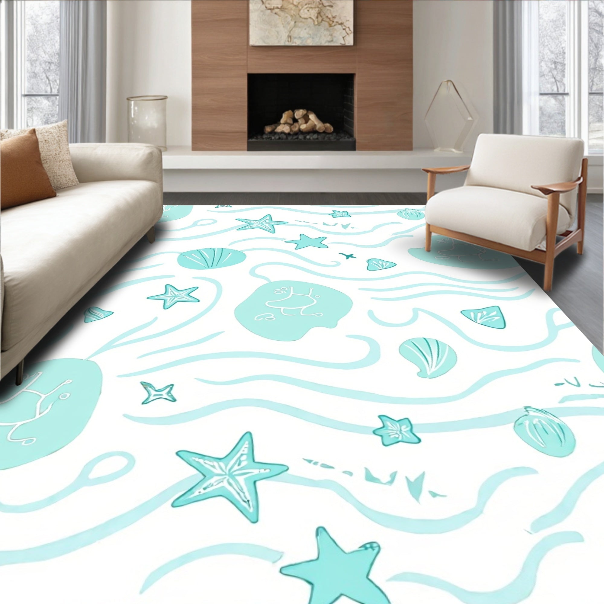 Aqua Coastal Seashell Starfish Waves Rug