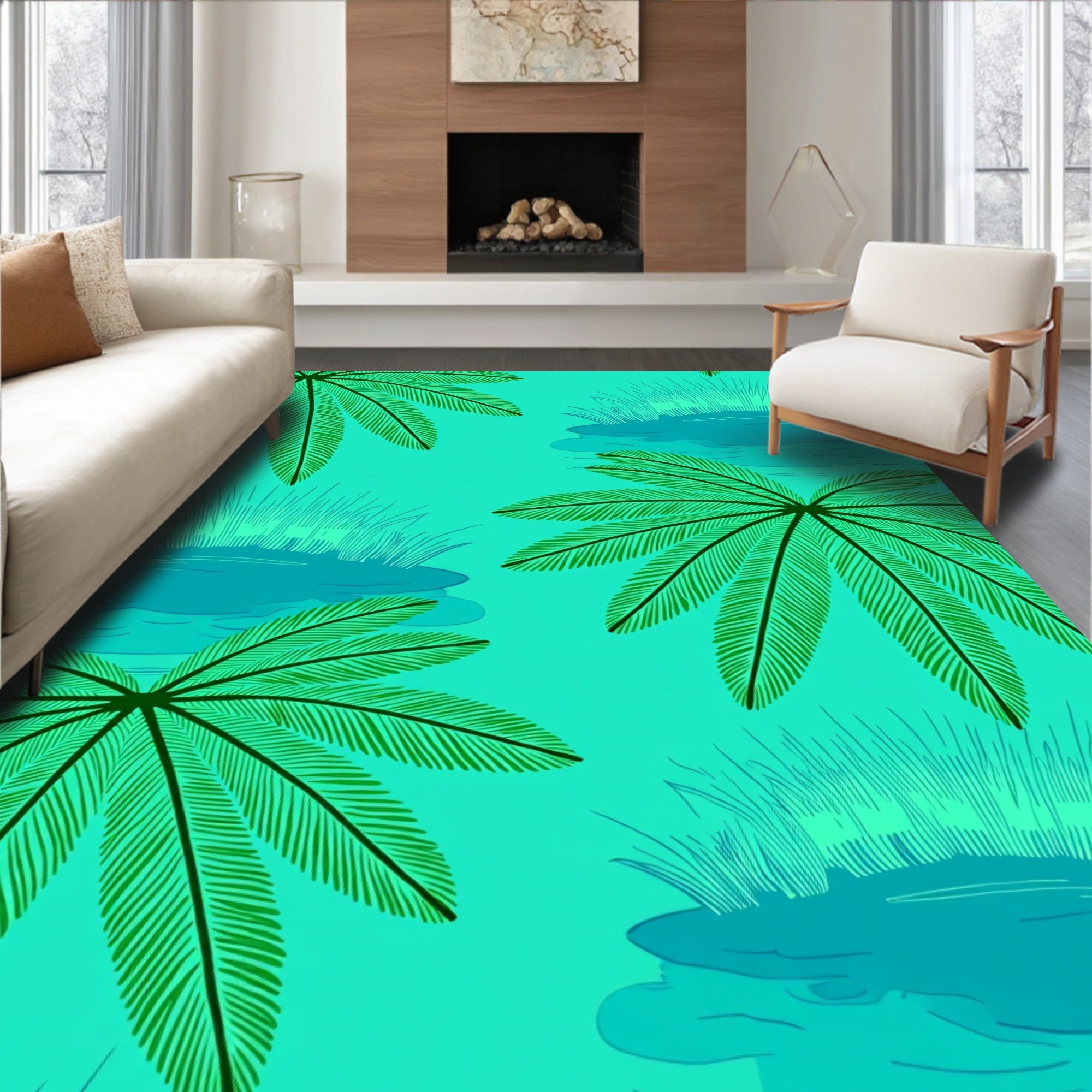 Teal Green Palm Frond Lakeside Rug