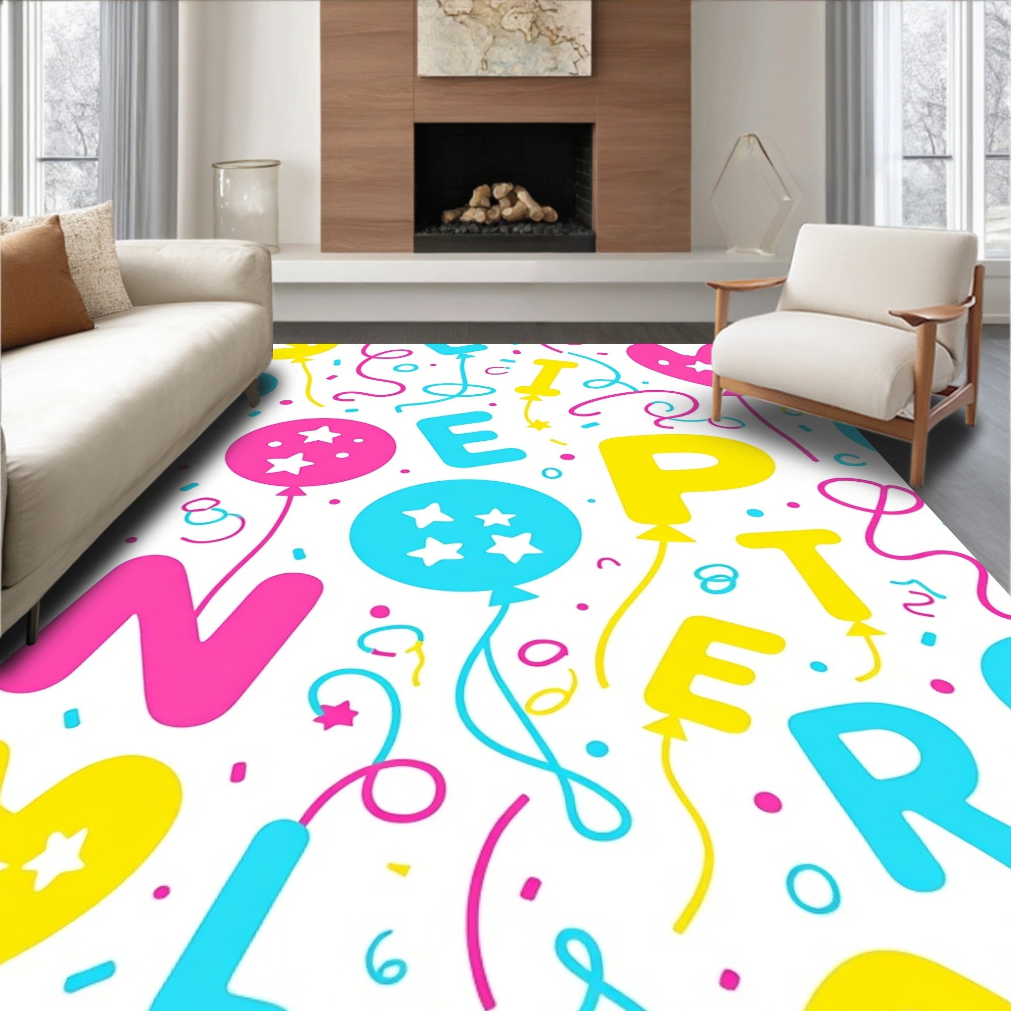 Bright Party Balloons Confetti Letters Rug