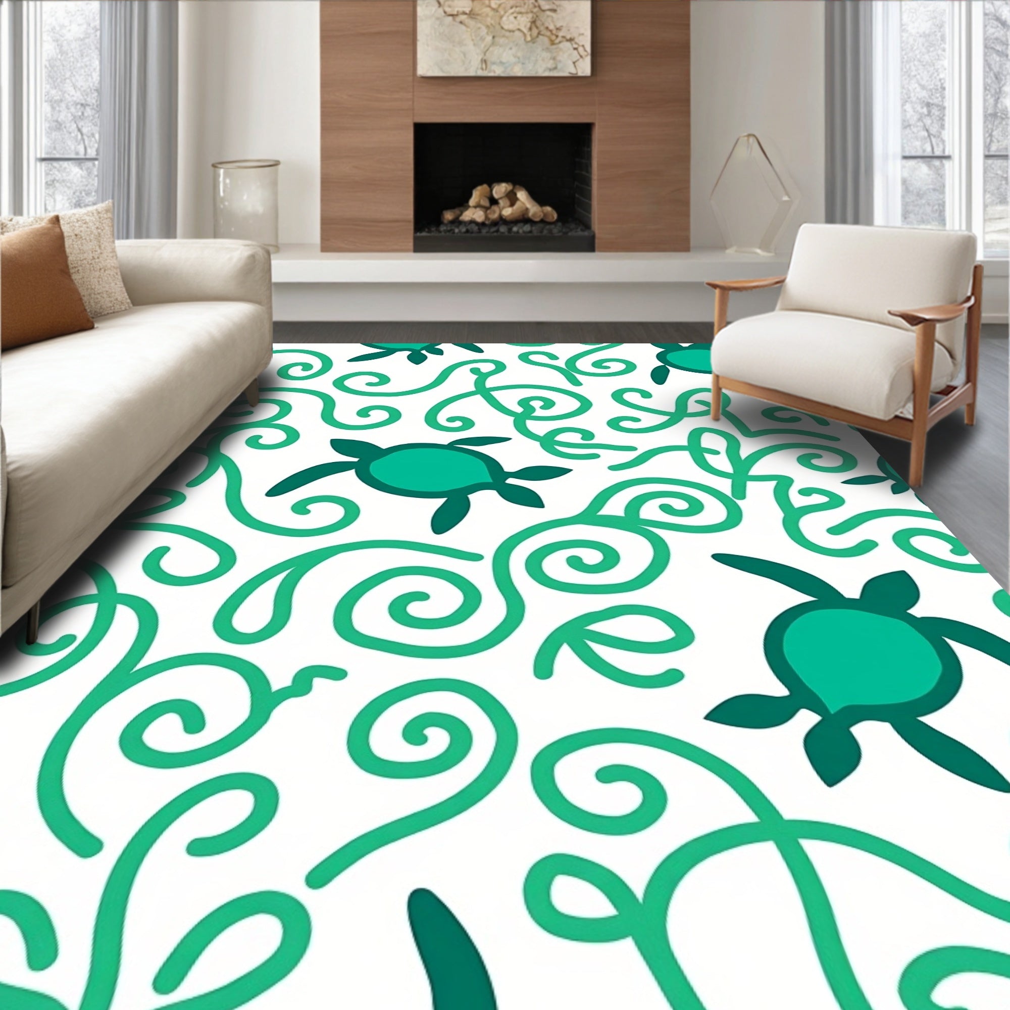 Green Turtle Swirl Ocean Rug