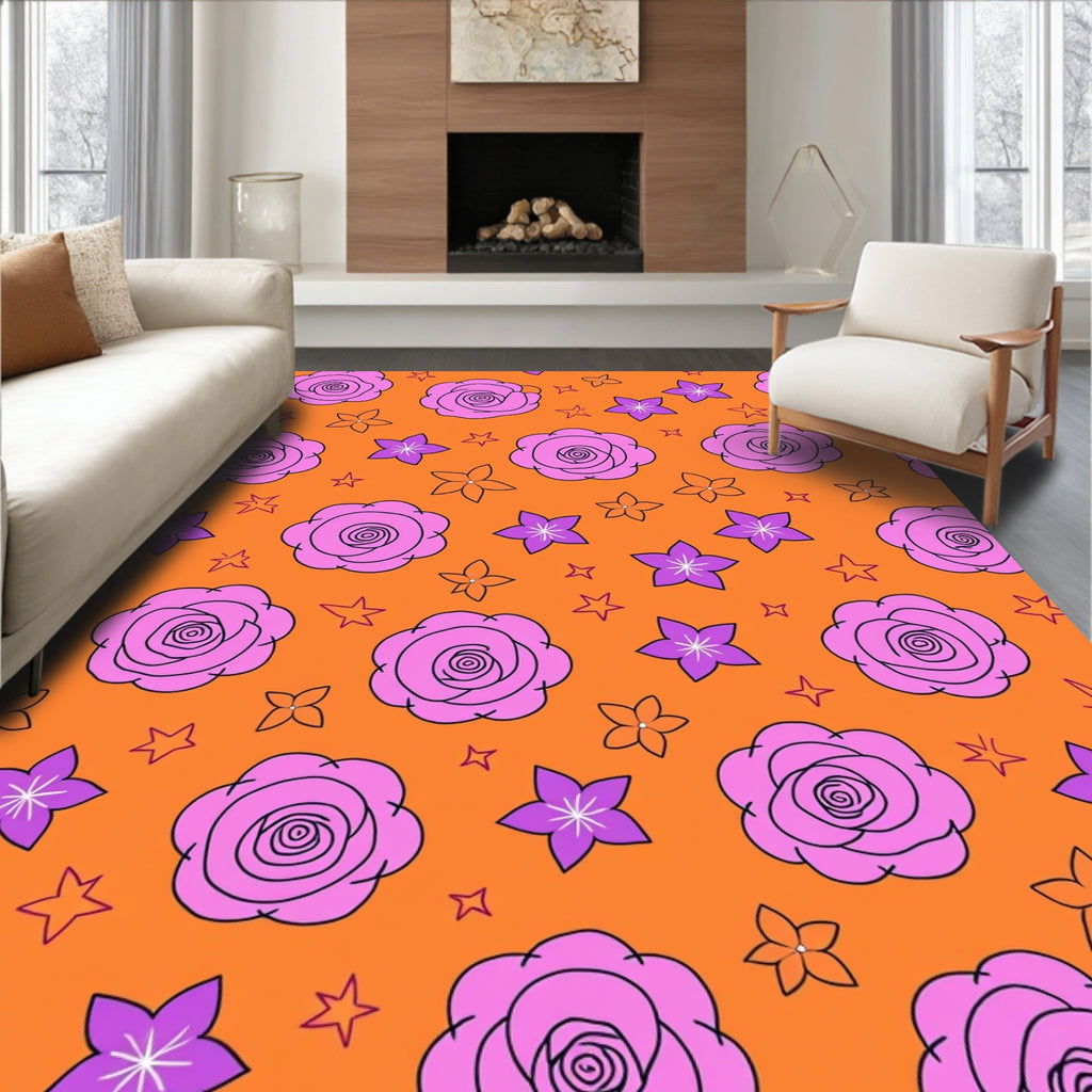 Pink Floral Blooms Orange Background Rug