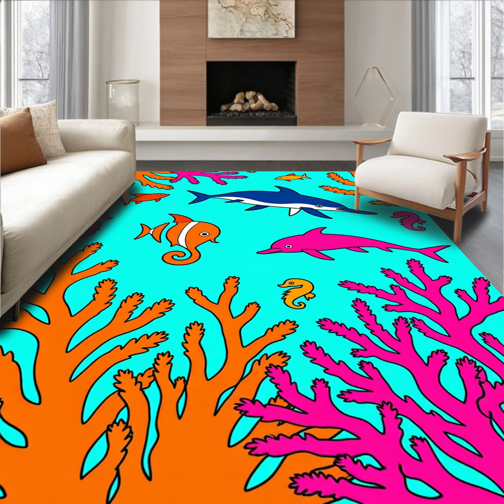 Bright Aqua Coral Seascape Dolphins Seahorses Rug