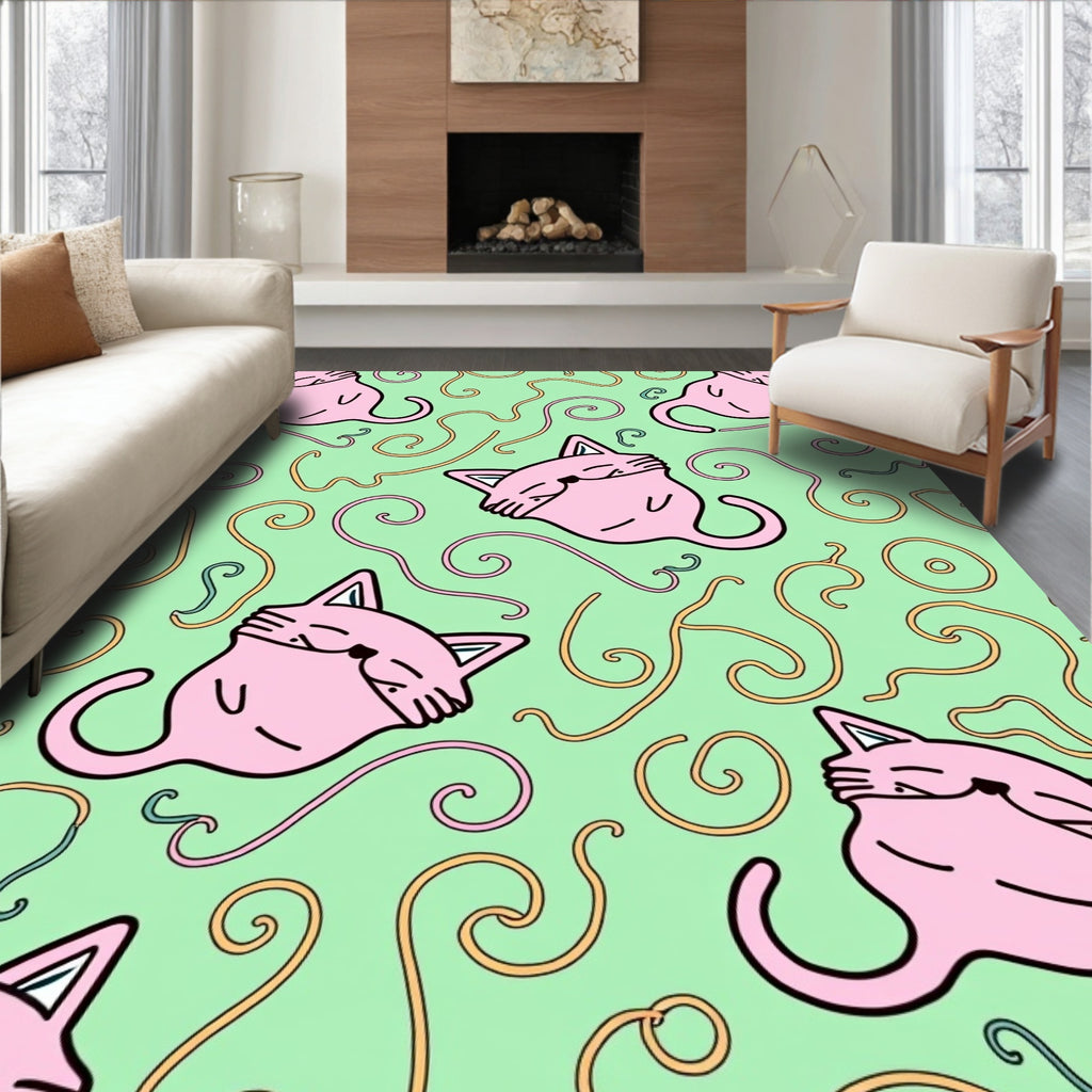 Whimsical Pink Cat Swirls Pastel Green Rug