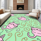 Whimsical Pink Cat Swirls Pastel Green Rug
