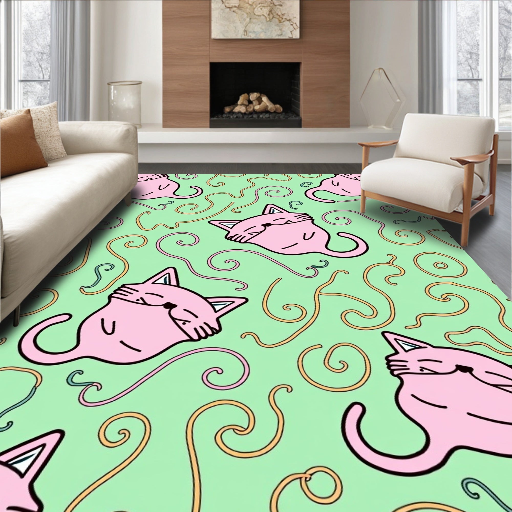 Whimsical Pink Cat Swirls Pastel Green Rug
