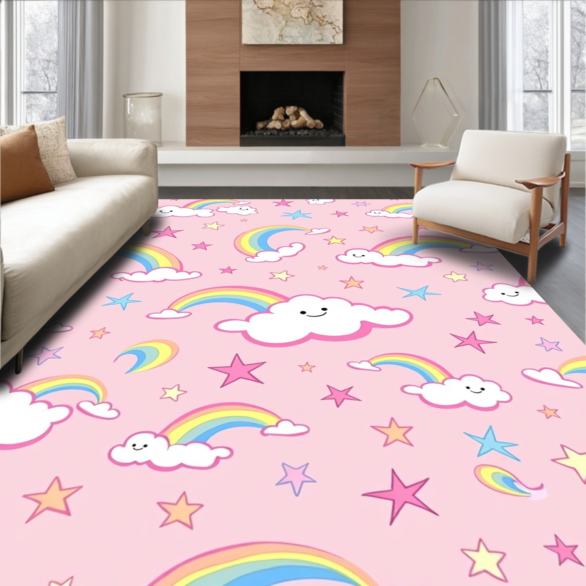 Pink Rainbow and Star Cloud Carousel Rug