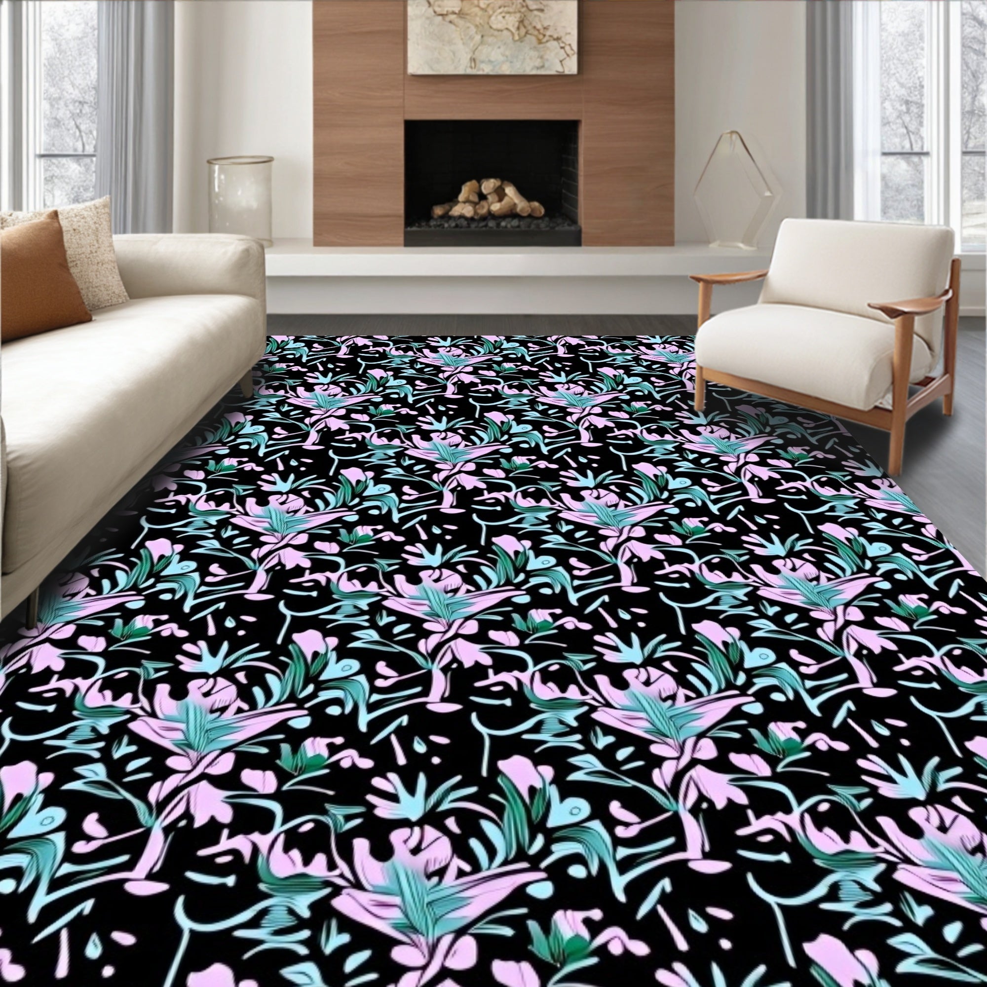 Pink Teal Abstract Floral Garden Rug