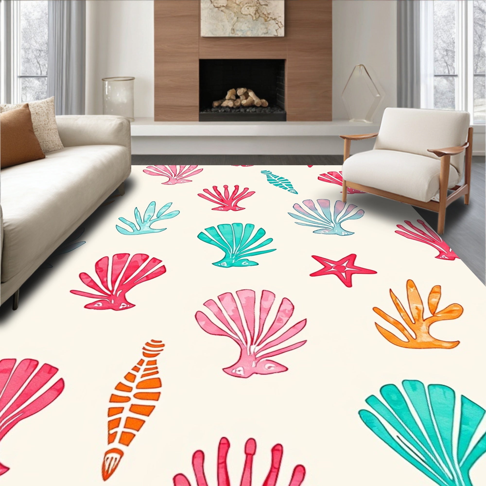 Seashell Coral Aqua Pink Orange Rug