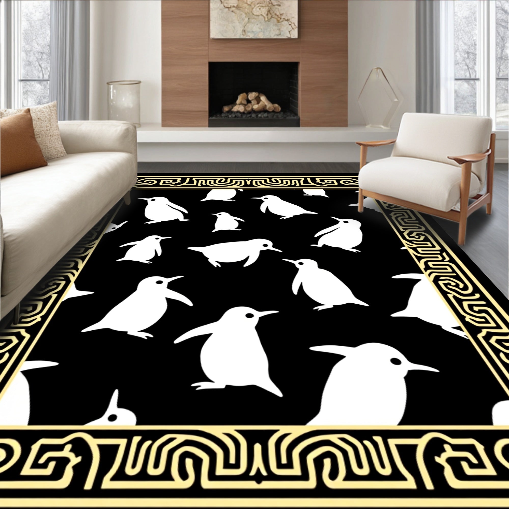 Playful White Penguin Family Border Rug