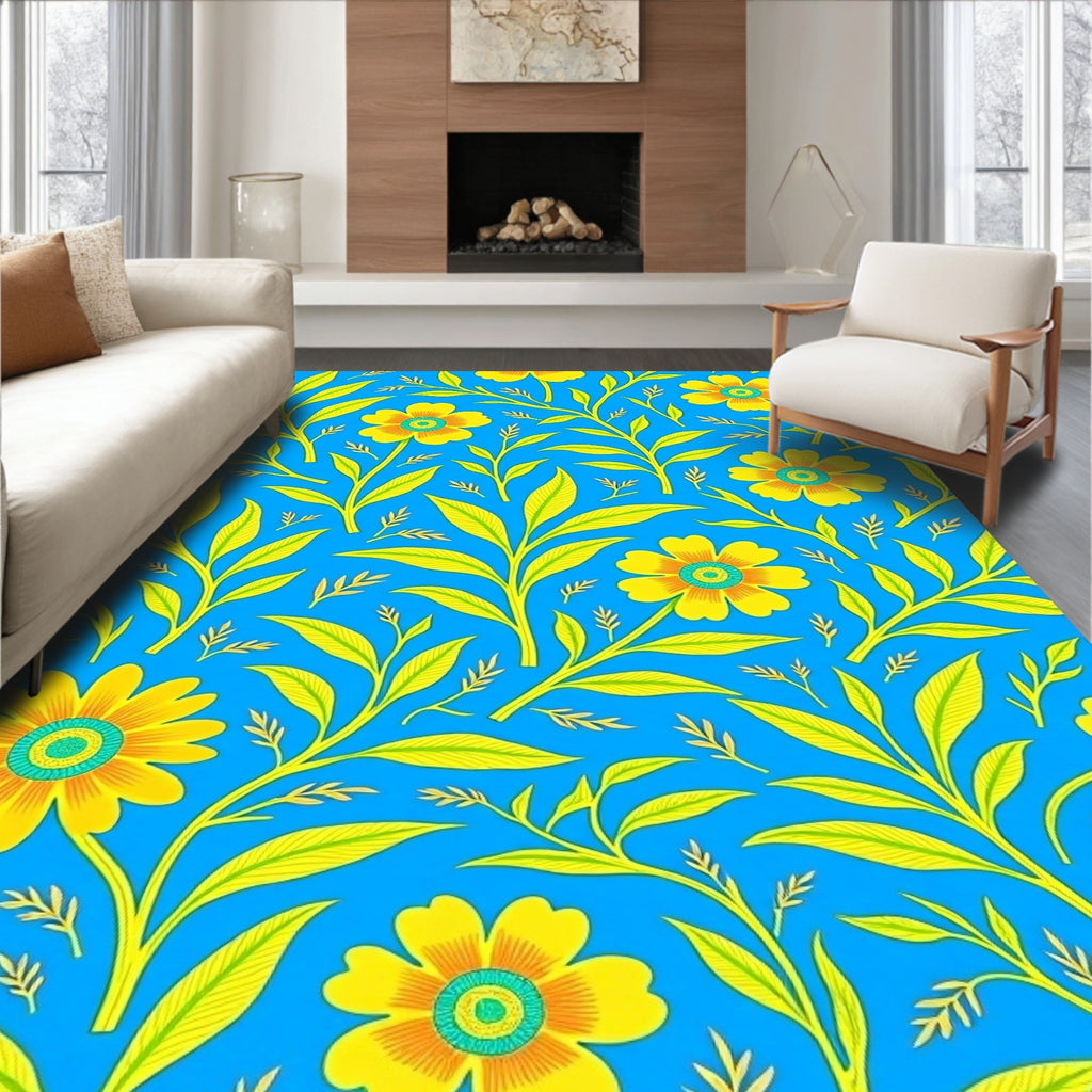 Symmetrical Yellow Floral Vine Cobalt Rug