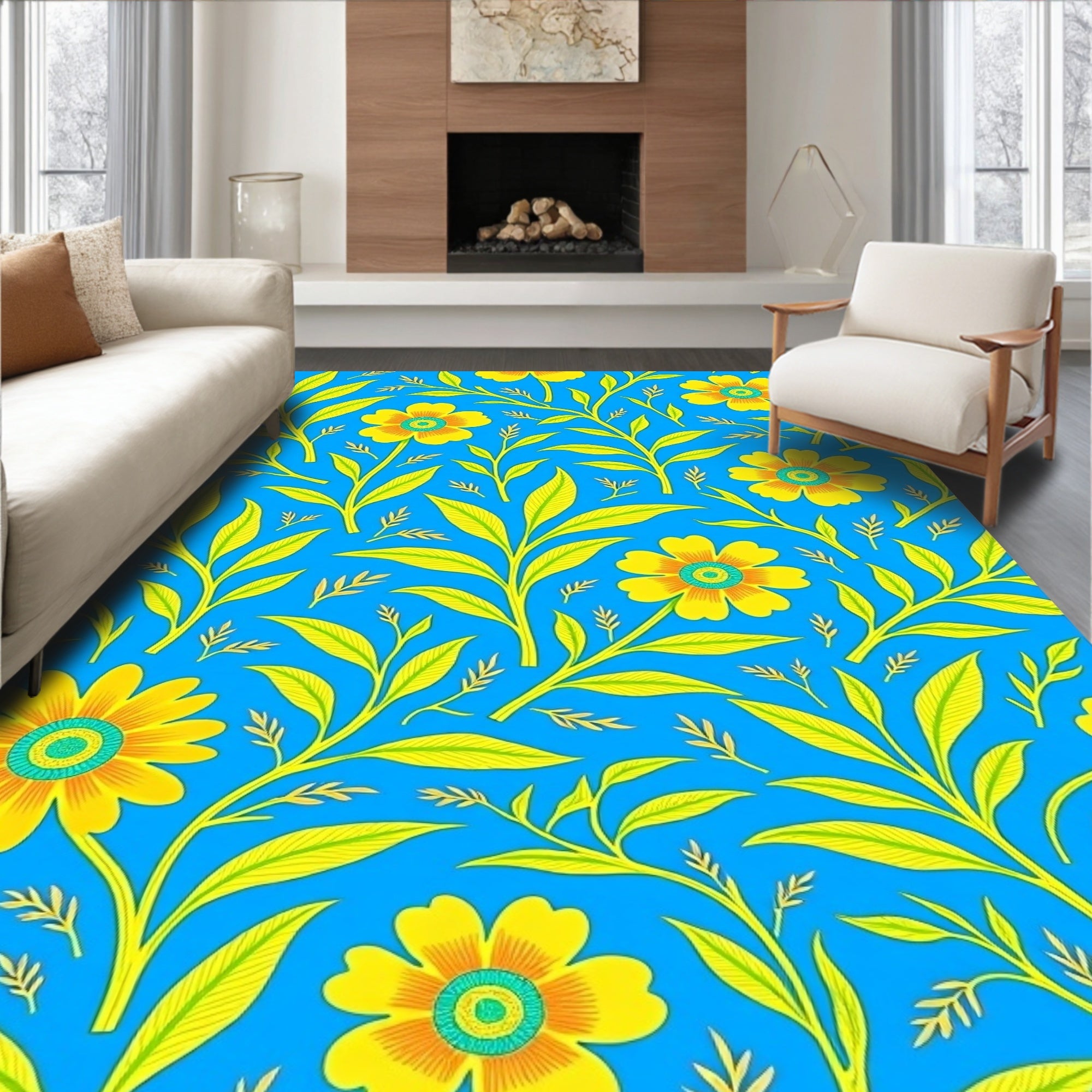 Symmetrical Yellow Floral Vine Cobalt Rug