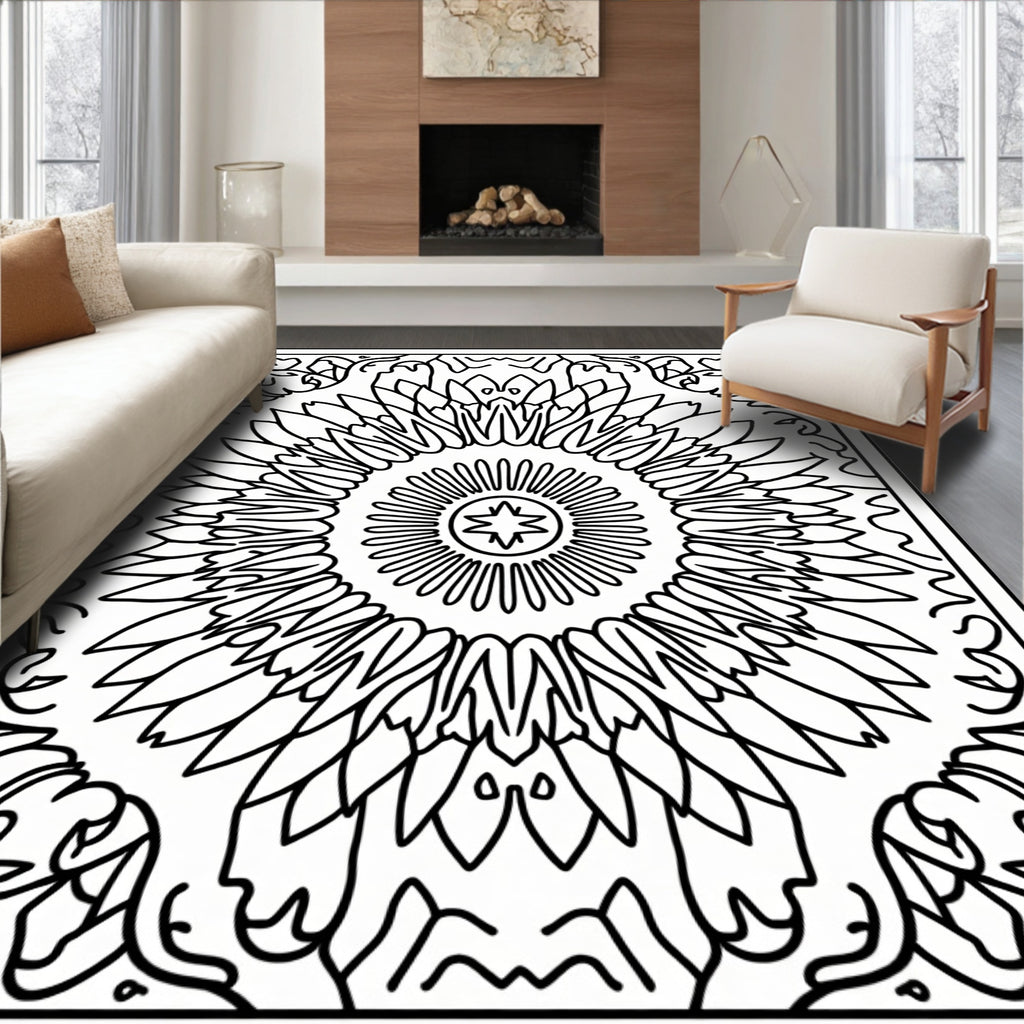 Bold Black Sunburst Mandala Frame Rug
