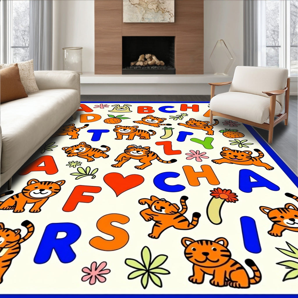 Playful Orange Tigers Alphabet Animals Rug