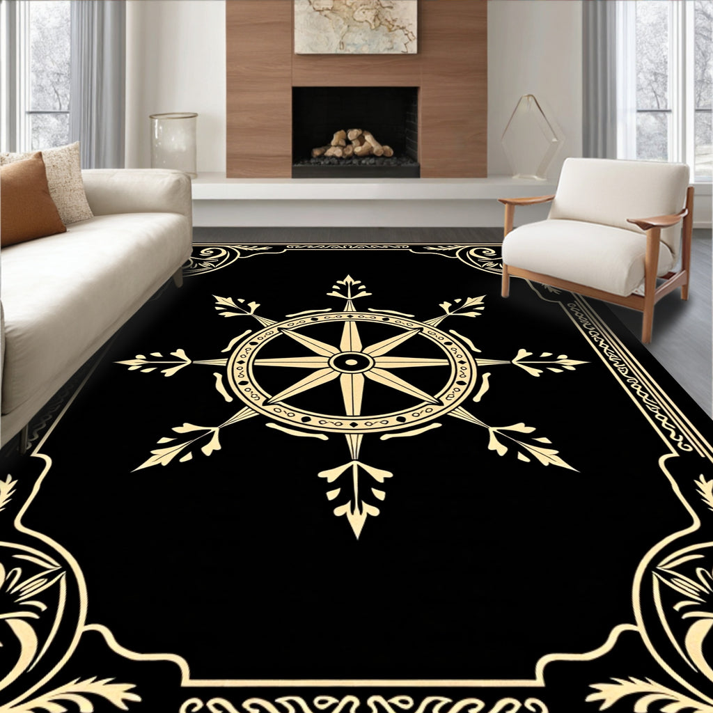 Ornate Golden Compass Emblem Rug