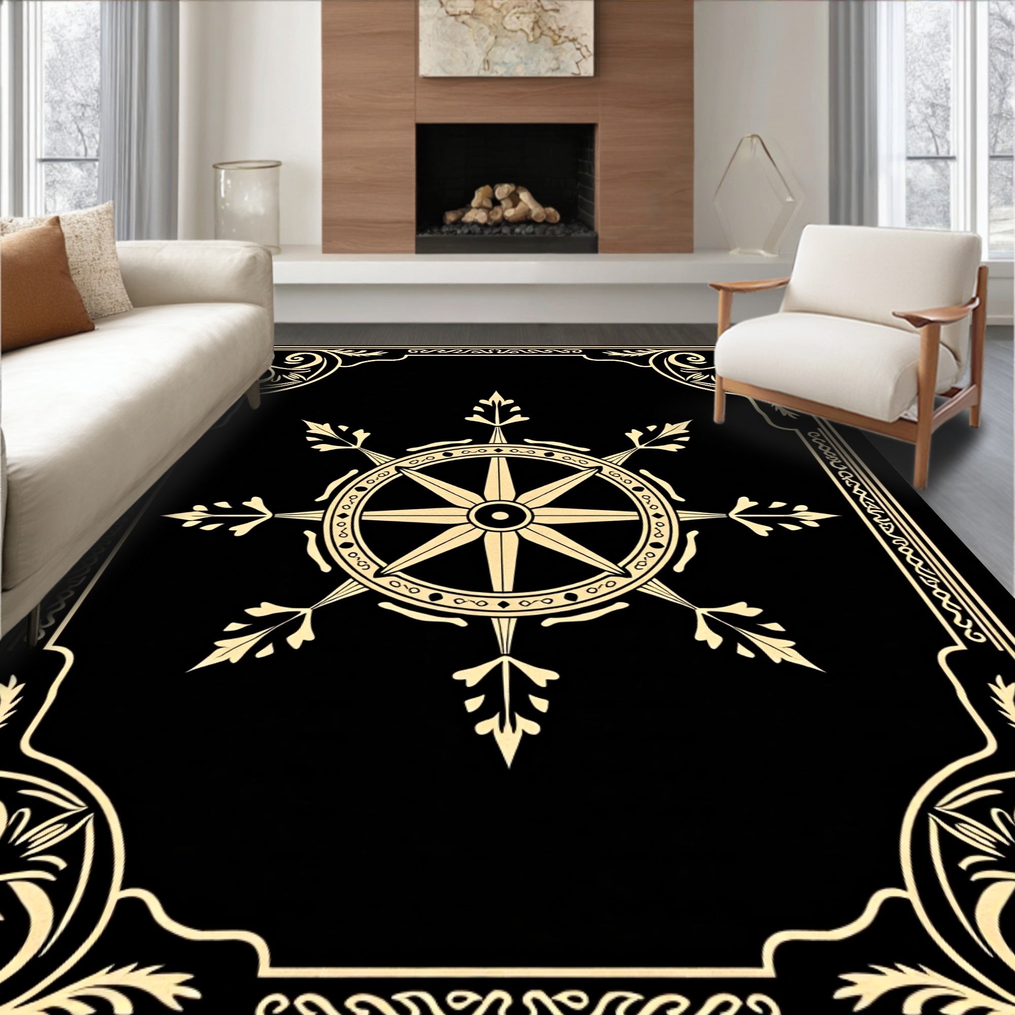 Ornate Golden Compass Emblem Rug