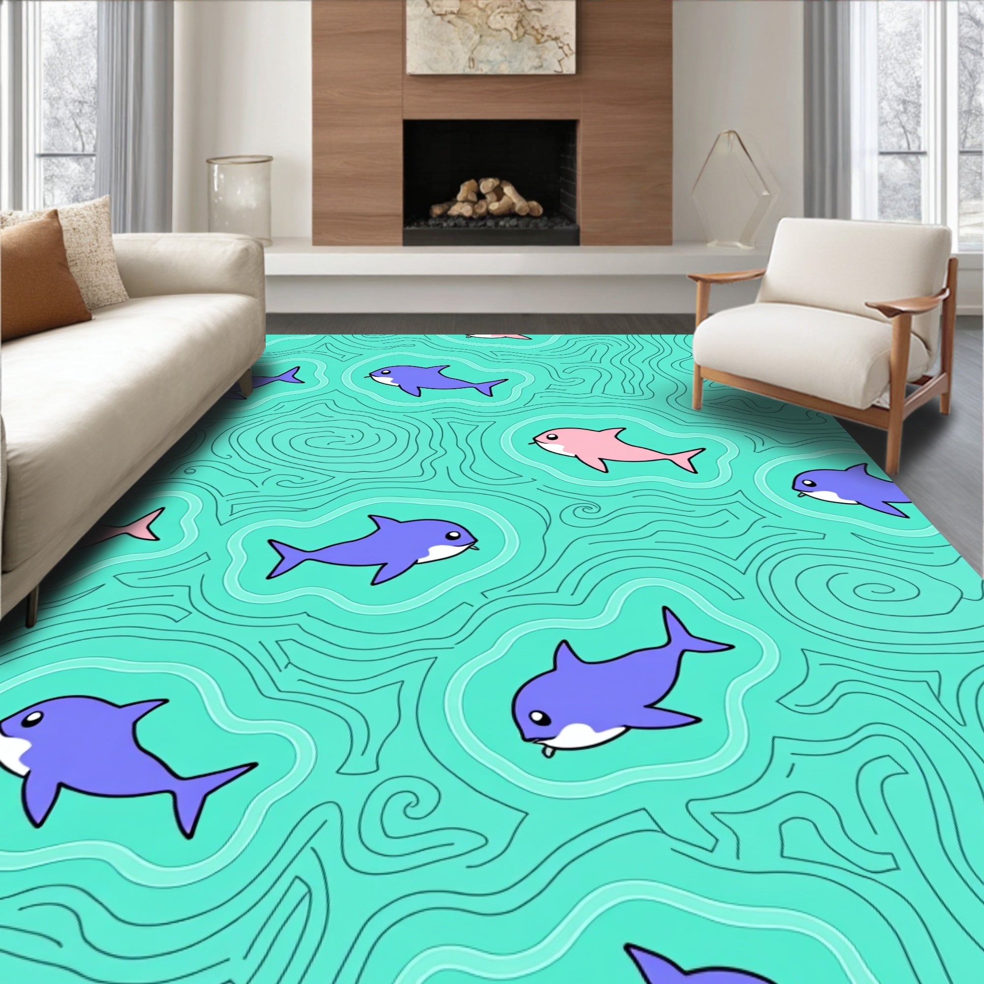 Aqua Blue Dolphin Swirls Rug