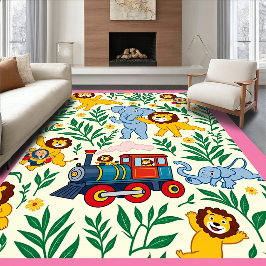 Playful Lions and Elephants Train Journey Rug