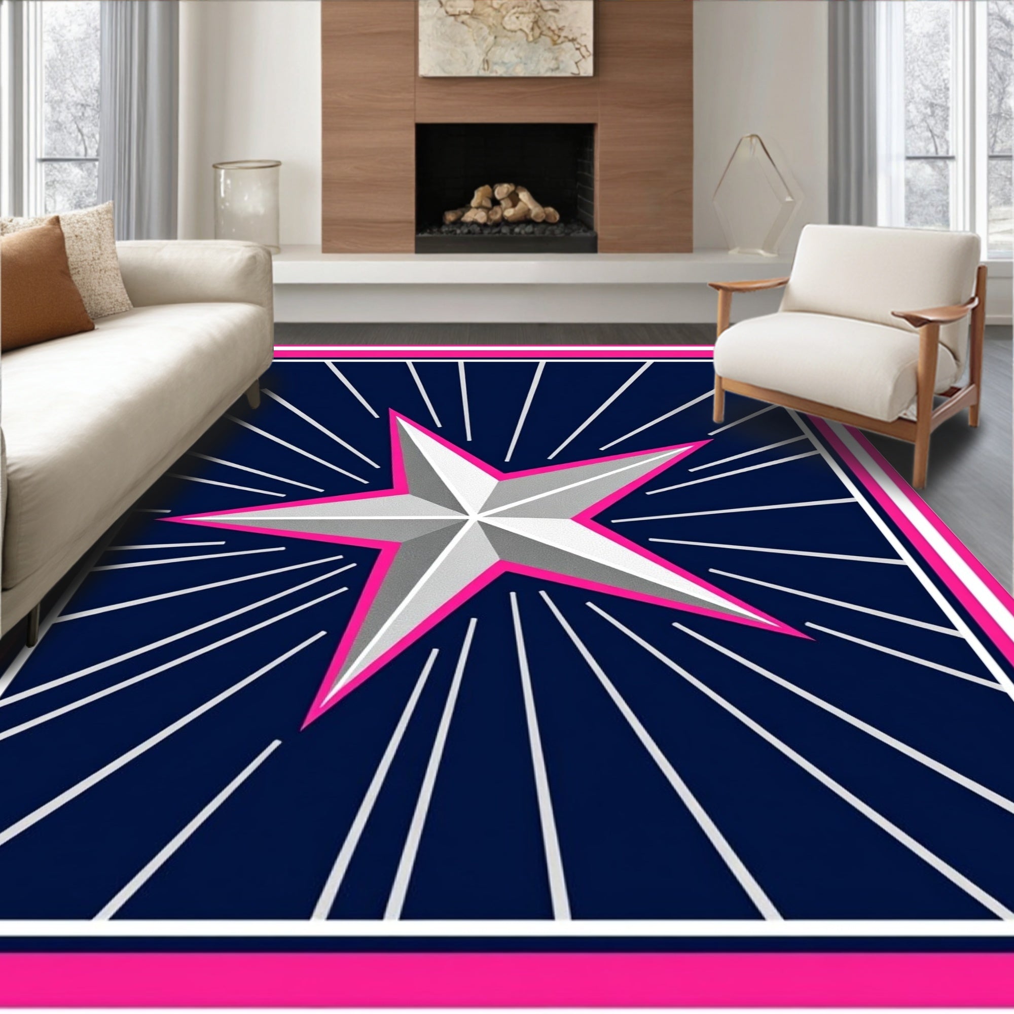 Pink Silver Star Burst Navy Rug
