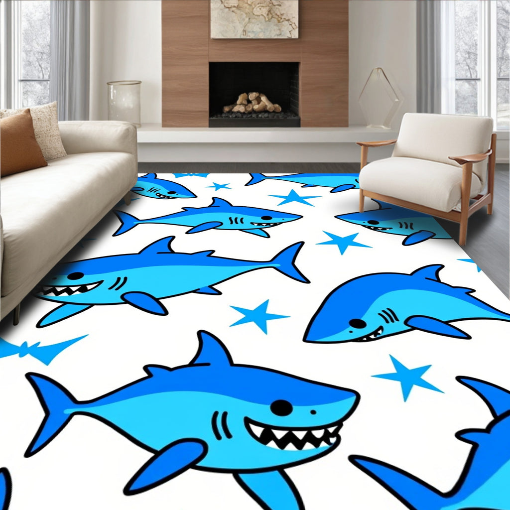Cartoon Blue Sharks With Stars Rug