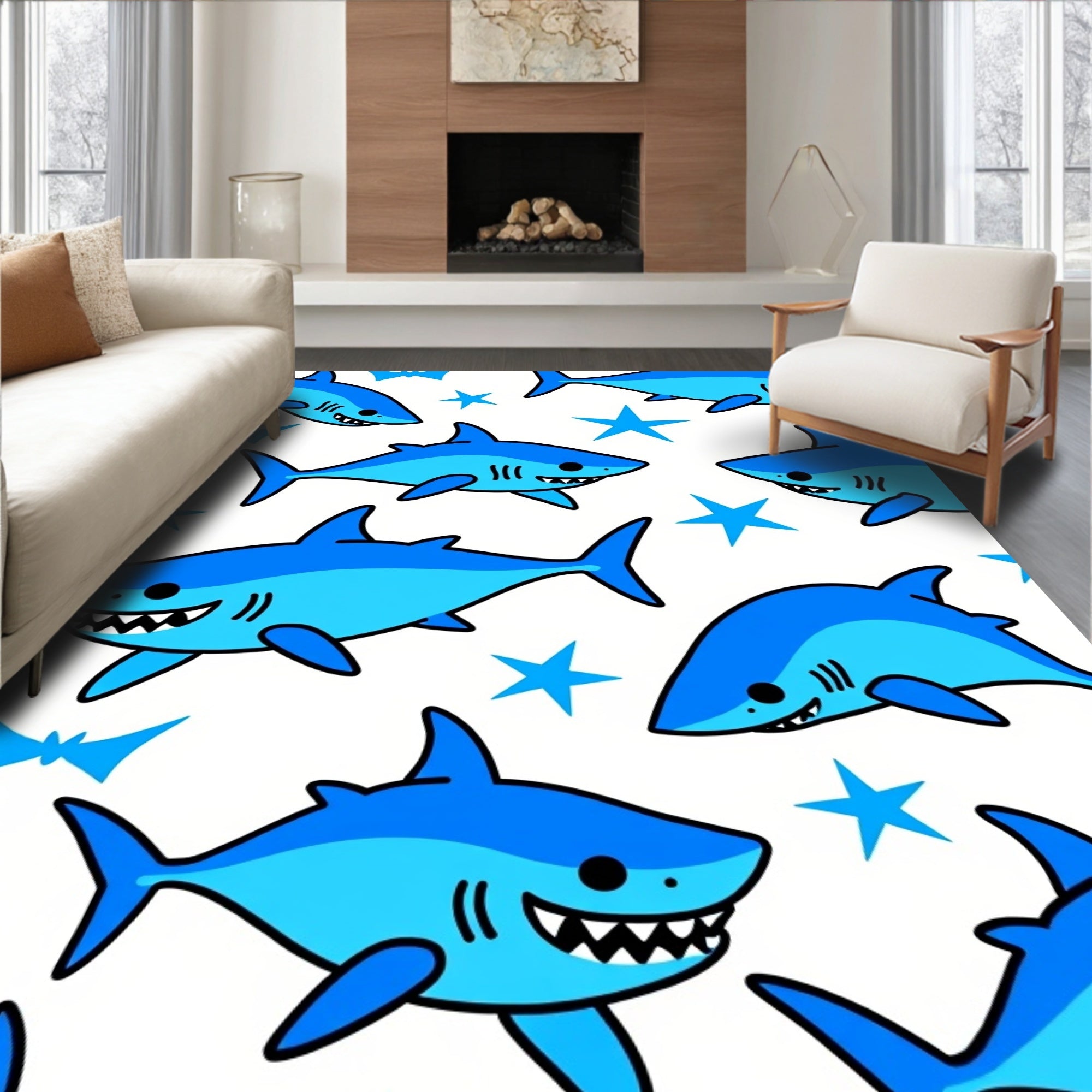 Cartoon Blue Sharks With Stars Rug