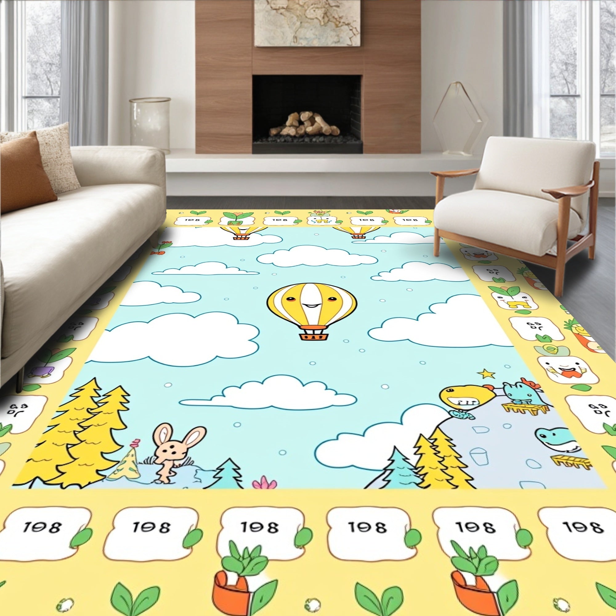 Happy Yellow Hot Air Balloon Sky Rug