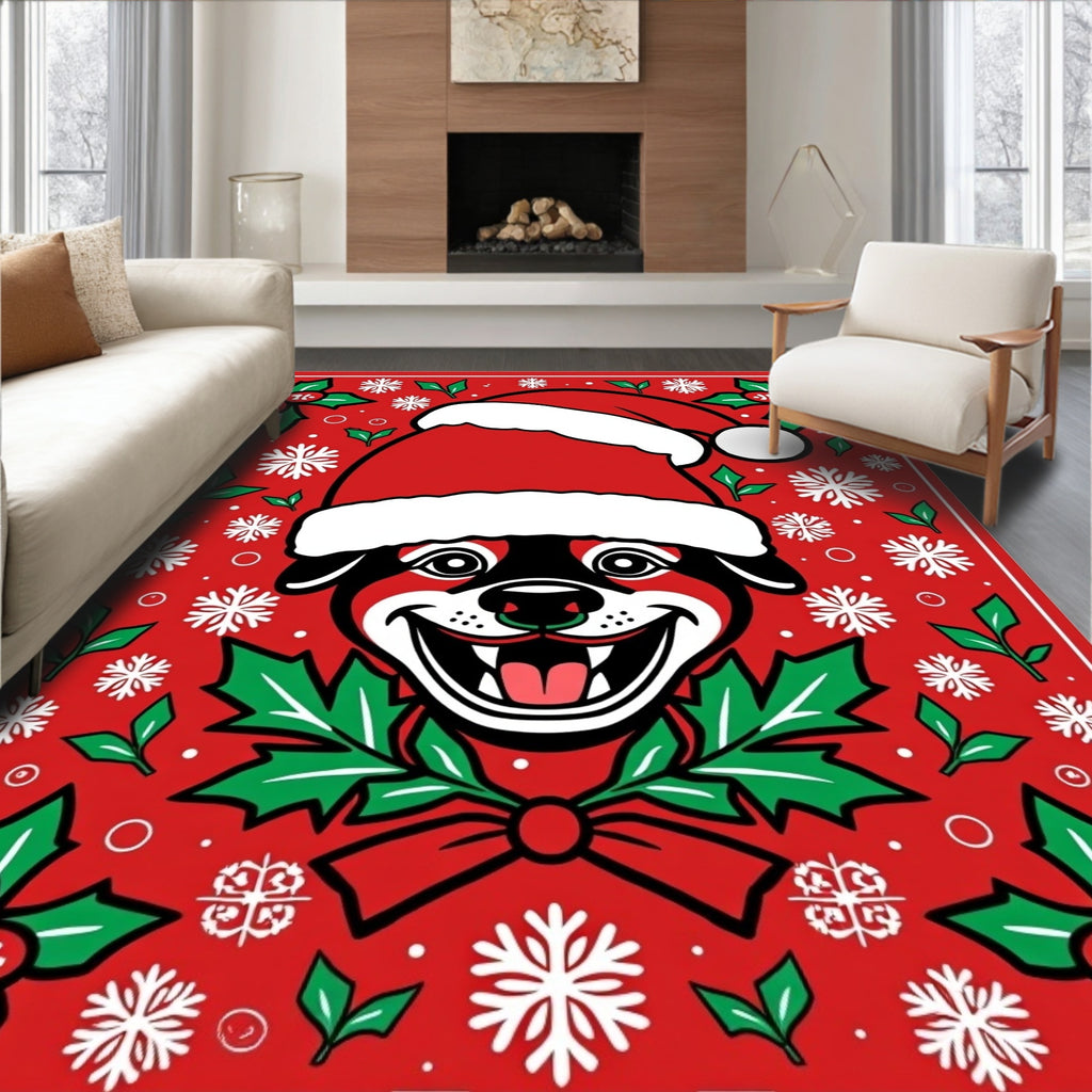 Cheerful Christmas Dog Holly Snowflakes Rug