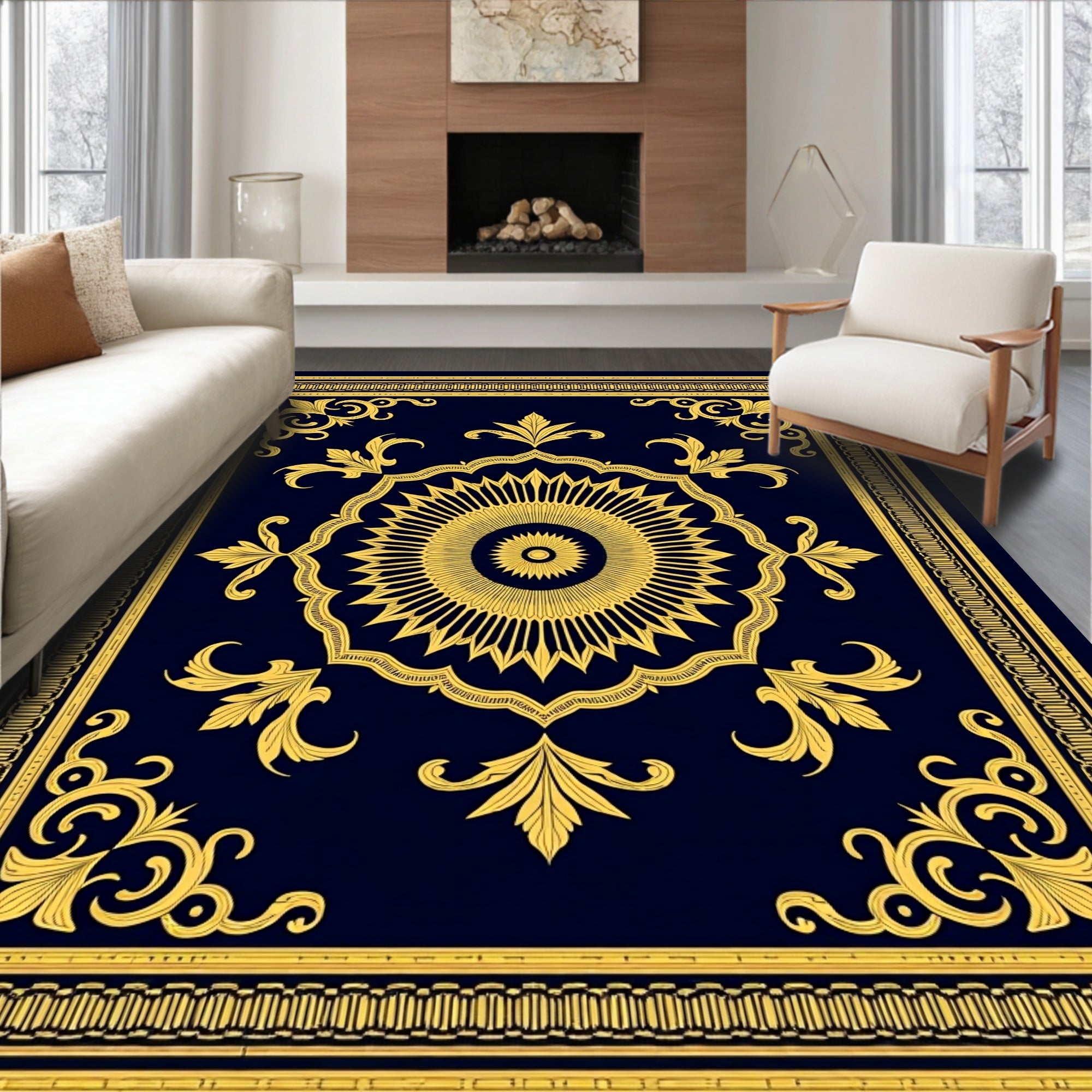 Golden Sun Medallion Navy Scroll Rug