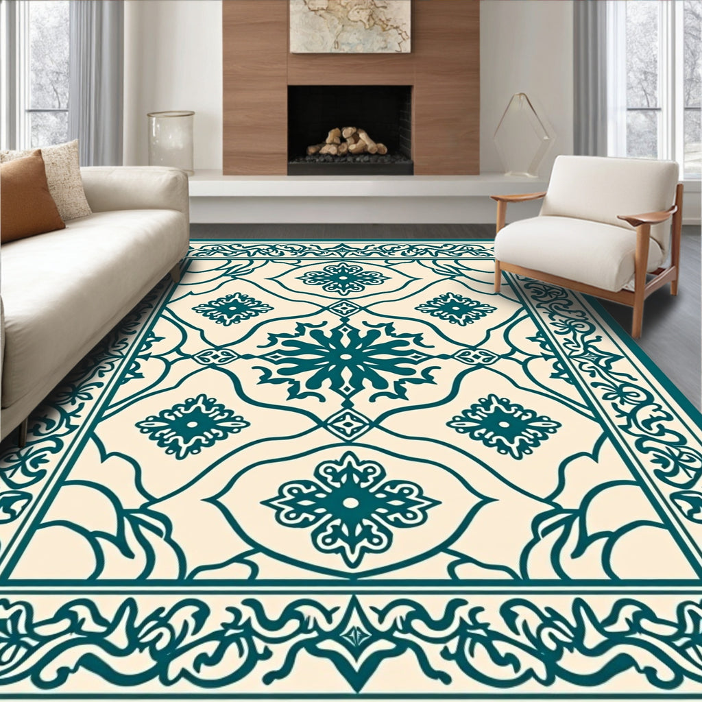 Deep Teal Floral Medallion Cream Rug
