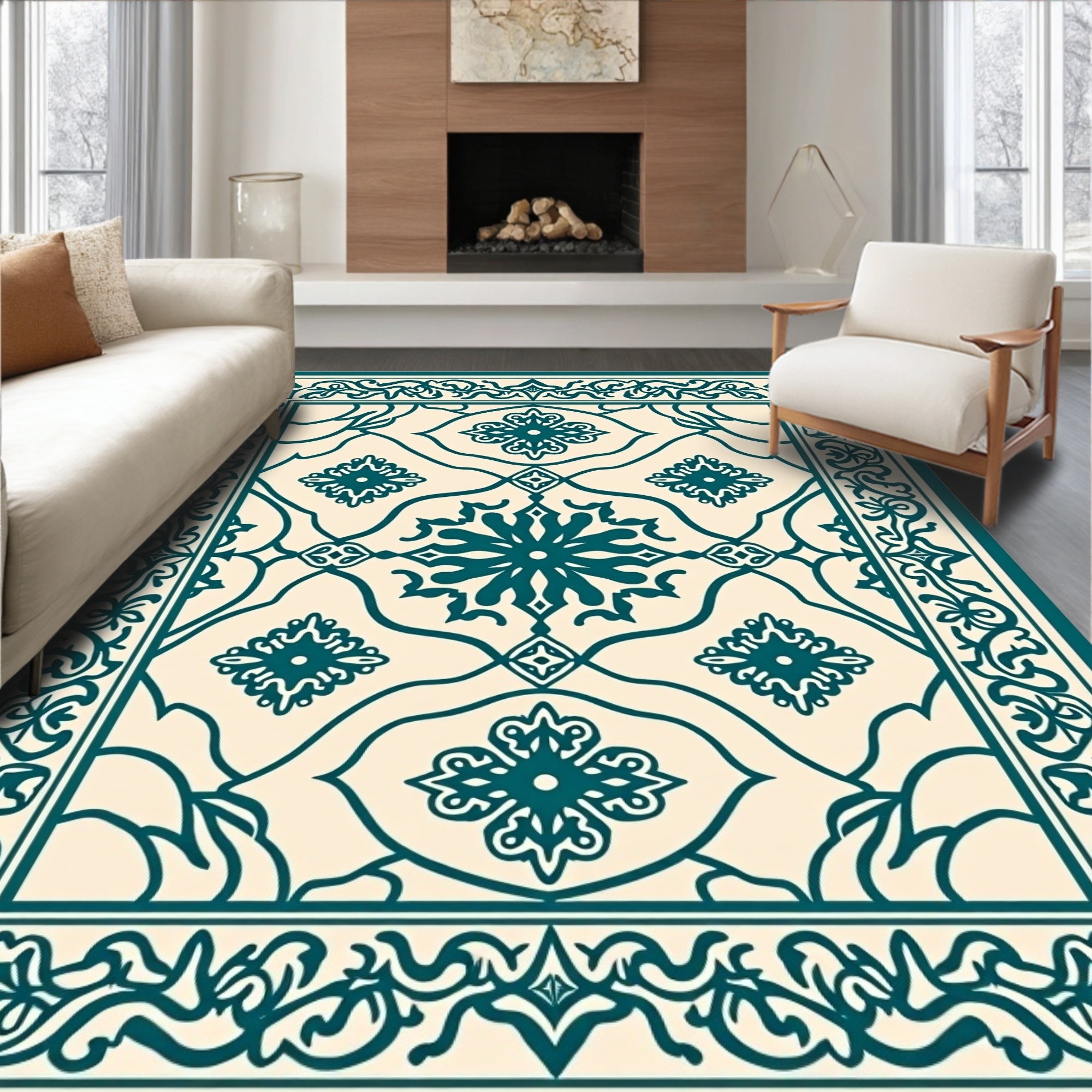 Deep Teal Floral Medallion Cream Rug