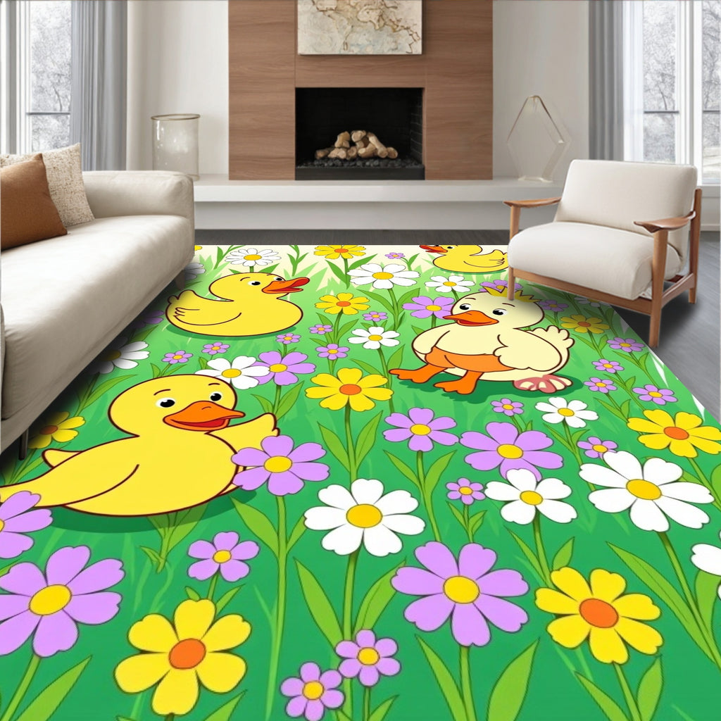Yellow Ducklings Among Colorful Flowers Rug