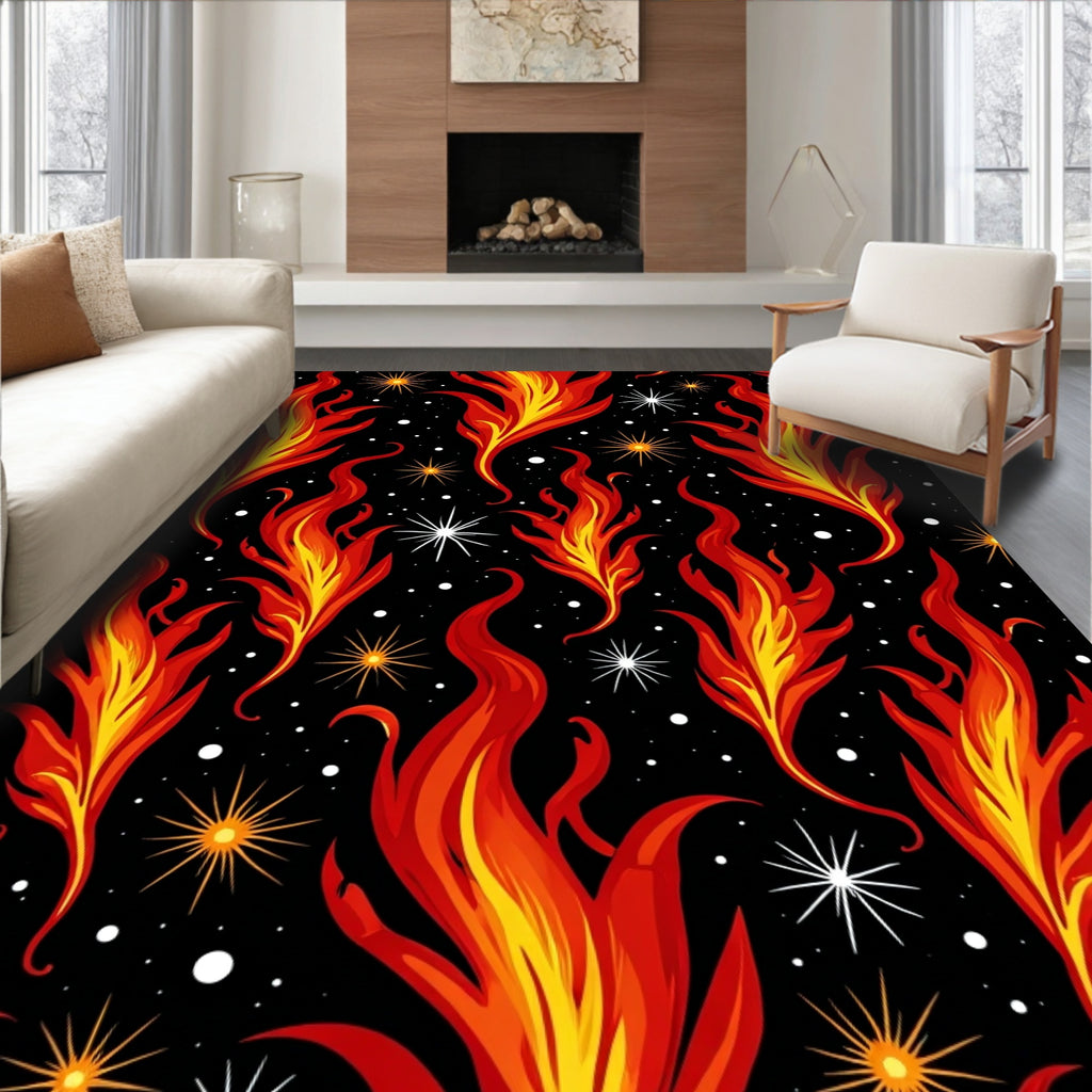 Fiery Red Yellow Flames Black Stars Rug